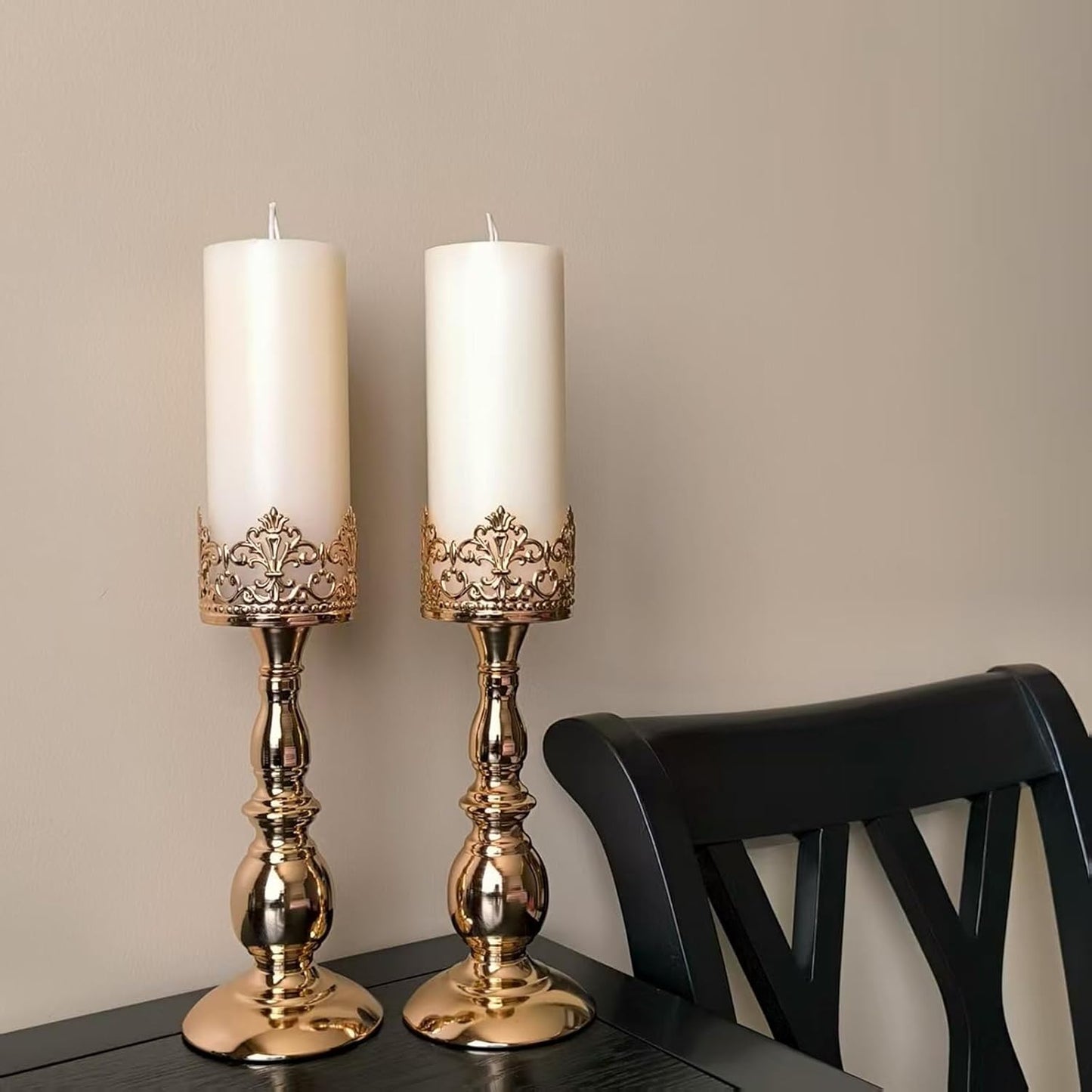Candle Holders for Pillar Candles Gothic Matte Black Vintage Tall Candle Holders Set of 2 Decorative Large Table Centerpieces Candle Stand Decor (Gold 2PCS A)