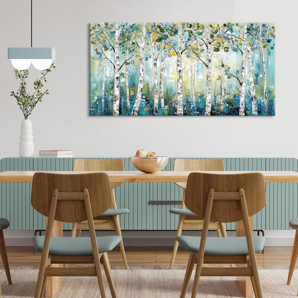 LASMOND Abstract Teal Grove Canvas Paintings Prints Modern Tree Wood Artwork Decor Wall Art for Living Room Bedroom Offices (46x23 Inches)