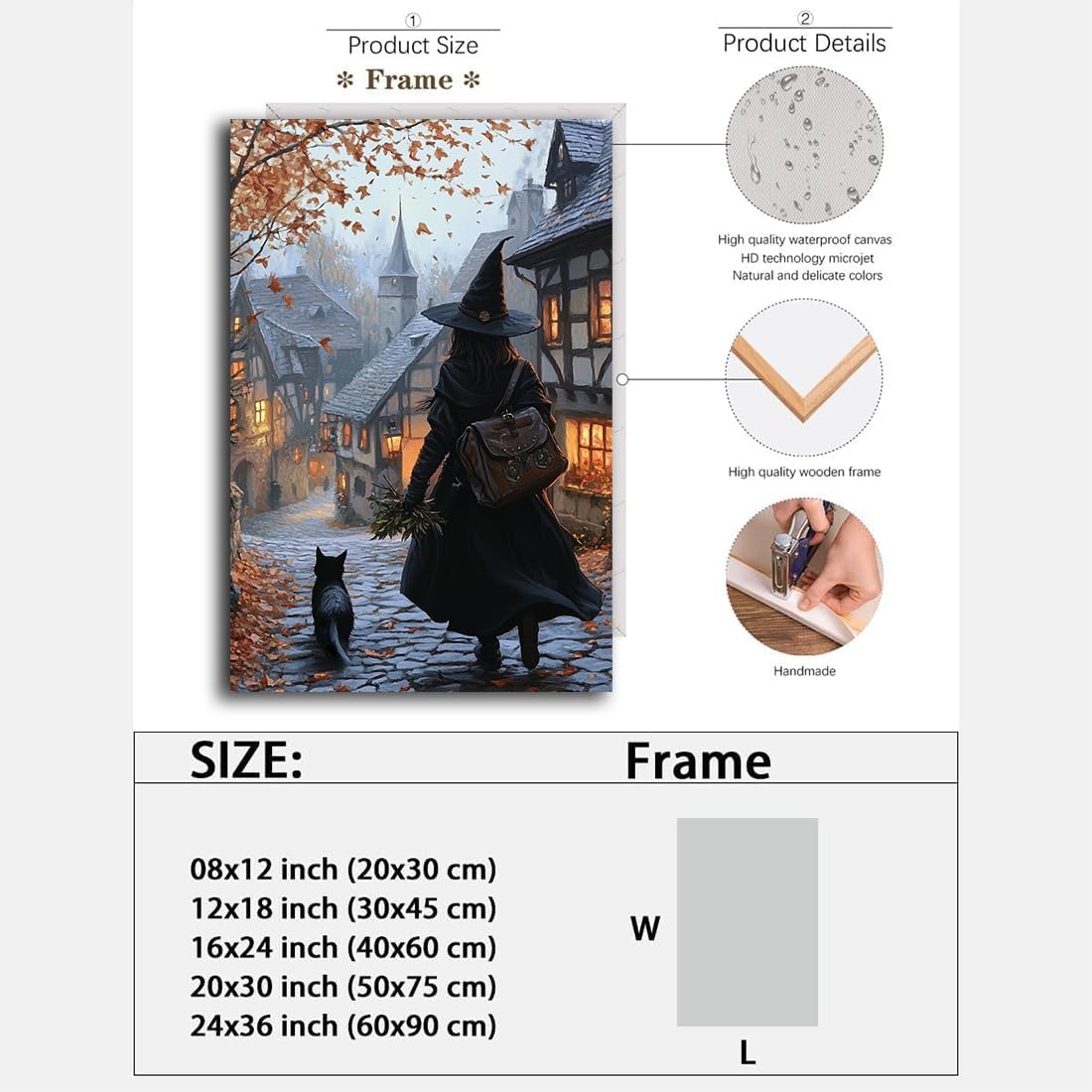 Autumn Witch And Black Cat Picture Wall Decor,Halloween Canvas Vintage Rustic Wall Art,Preppy Bedroom Living Room Bathroom Poster Print,24"x36" Framed