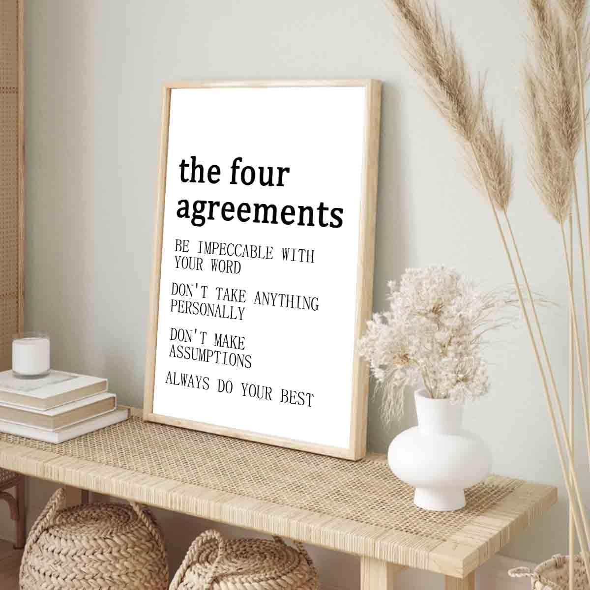 The Four Agreements Poster Inspirational Wall Art Black And White Quote Posters Positive Inspirational Wall Art Vintage Poster Motivational Painting Modern Canvas Minimalist Decor 16x24inch No Frame