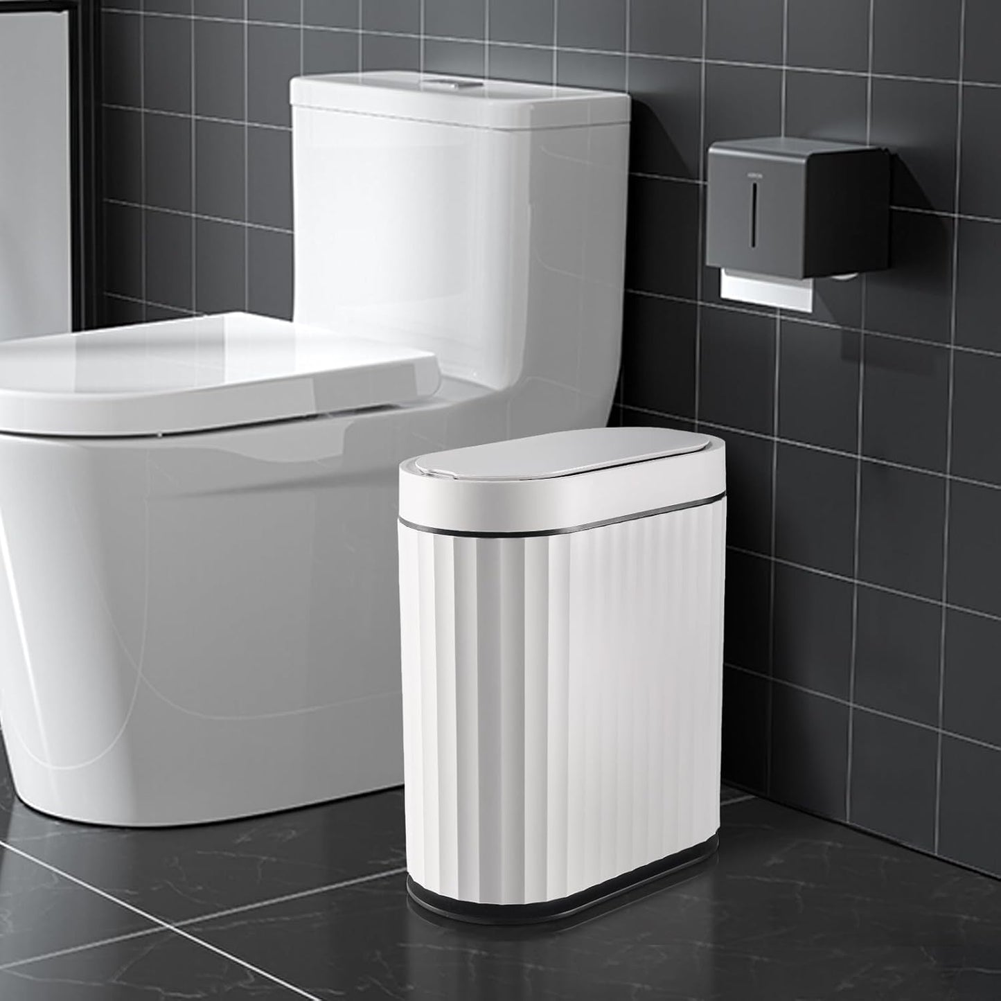 ELPHECO Bathroom Trash Can with Lid 2 Gallon Small Sensor Garbage Can, 9 Liter Slim Smart Trash Bin, Waterproof Automatic Wastebasket, Narrow Plastic Garbage Bin for Bathroom, Black and White