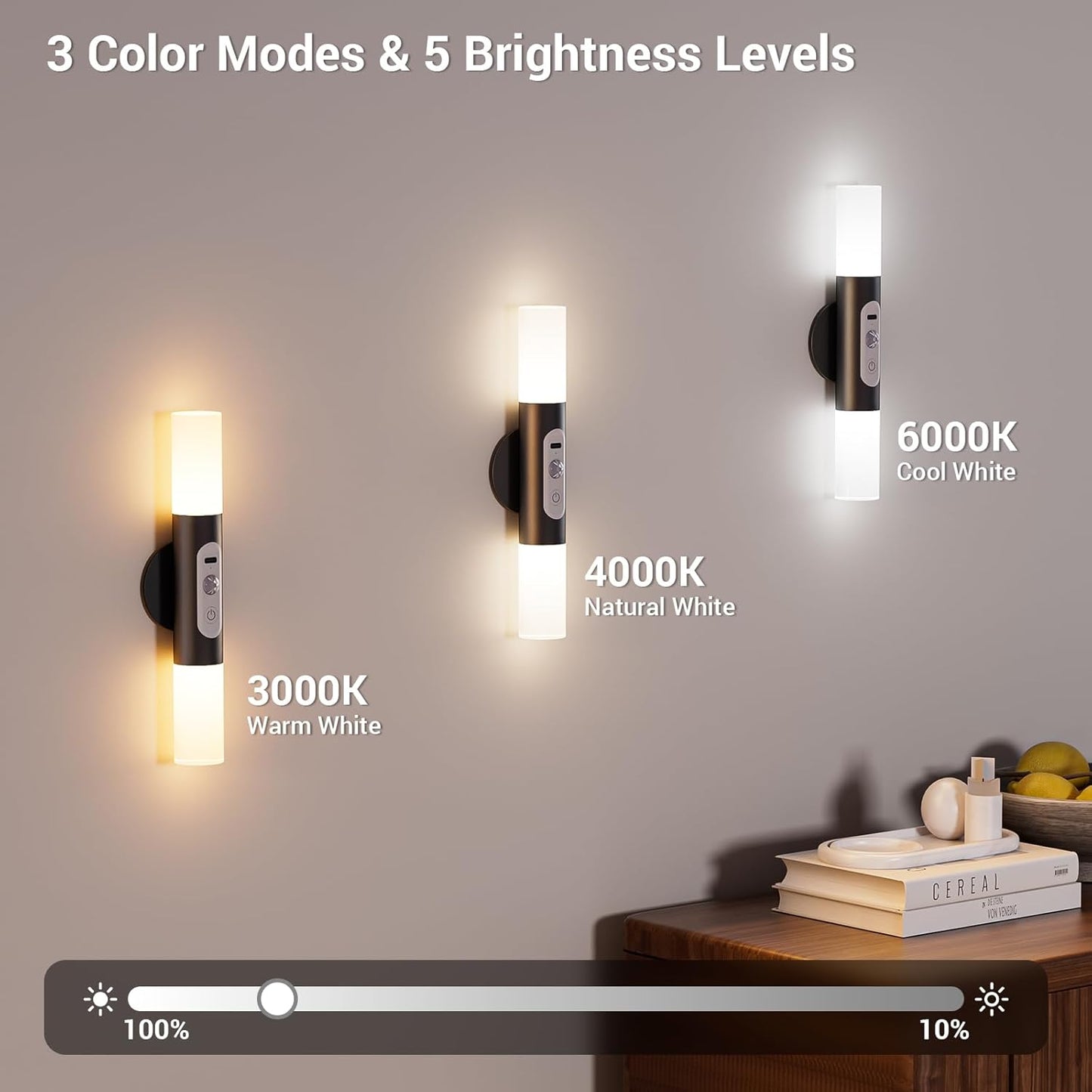 Motion Sensor Wall Lights with Remote Control, LED Rechargeable Battery Operated Wall Sconces Set of Two for Bedroom, Indoor Wireless Wall Lamps for Living Room, Hallway, Stair, Black 2 Pack