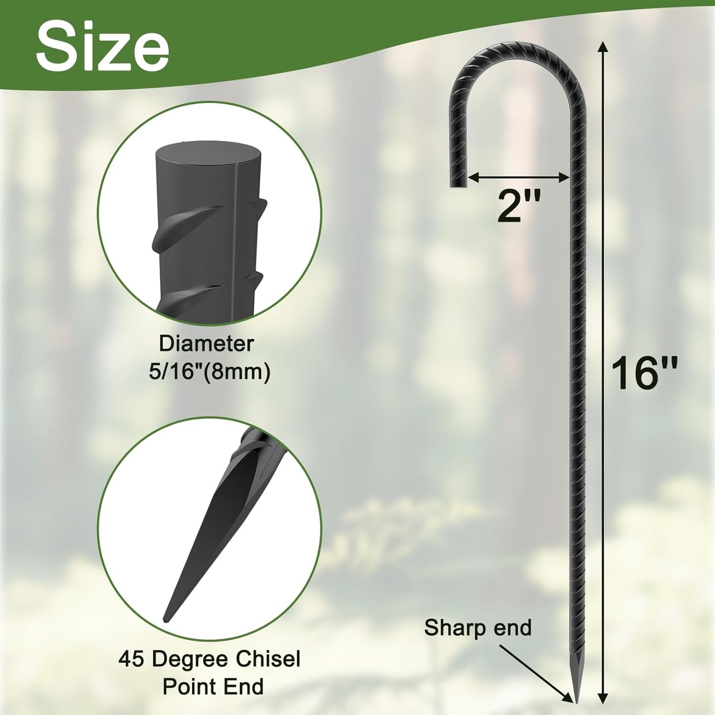 16" Ground Rebar Stakes Heavy Duty J Hook Ground Anchors, 5/16 inch Curved Steel Tent Stakes Anti Rust Steel Ground Stakes for Chain Link Wire Fencing, Pack of 40, Black