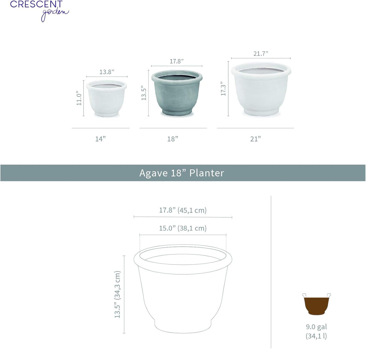 Crescent Garden Agave Planter, Charming Old-World Plant Pot, 18-Inch (Rust)