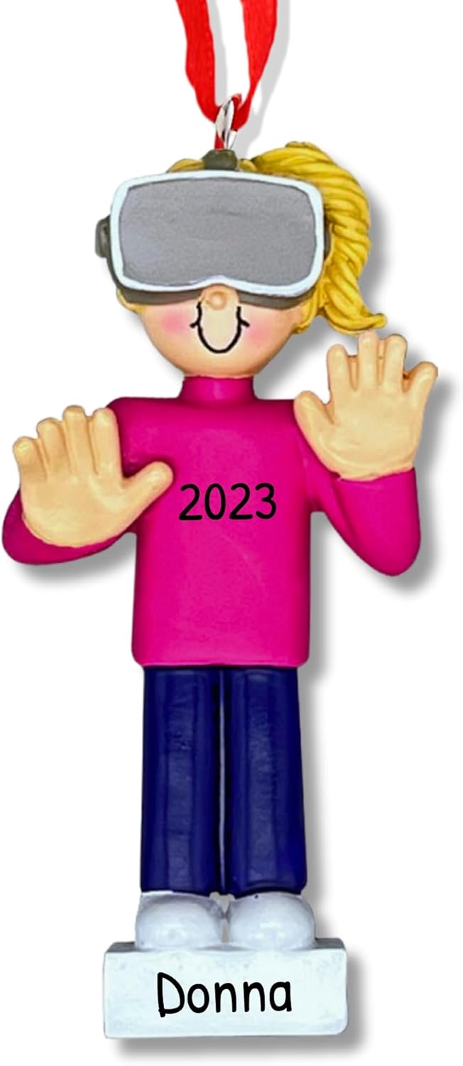 Ornaments by Elves - Personalized Virtual Reality Female Blonde Christmas Ornament - Unique Gift for Gamers, Women, Sisters - Tree Decoration, Birthday, Office Party - in a Giftable Packaging