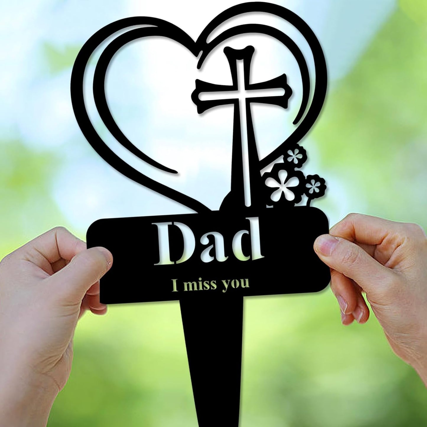 Dad Memorial Grave Stake, Cemetery Decorations for Grave Markers 12.5 x 7.2 inch Heart Metal Sympathy Stakes Graveside Plaque Decor Sign for Father Graves, Yard, Garden - Black-Dad