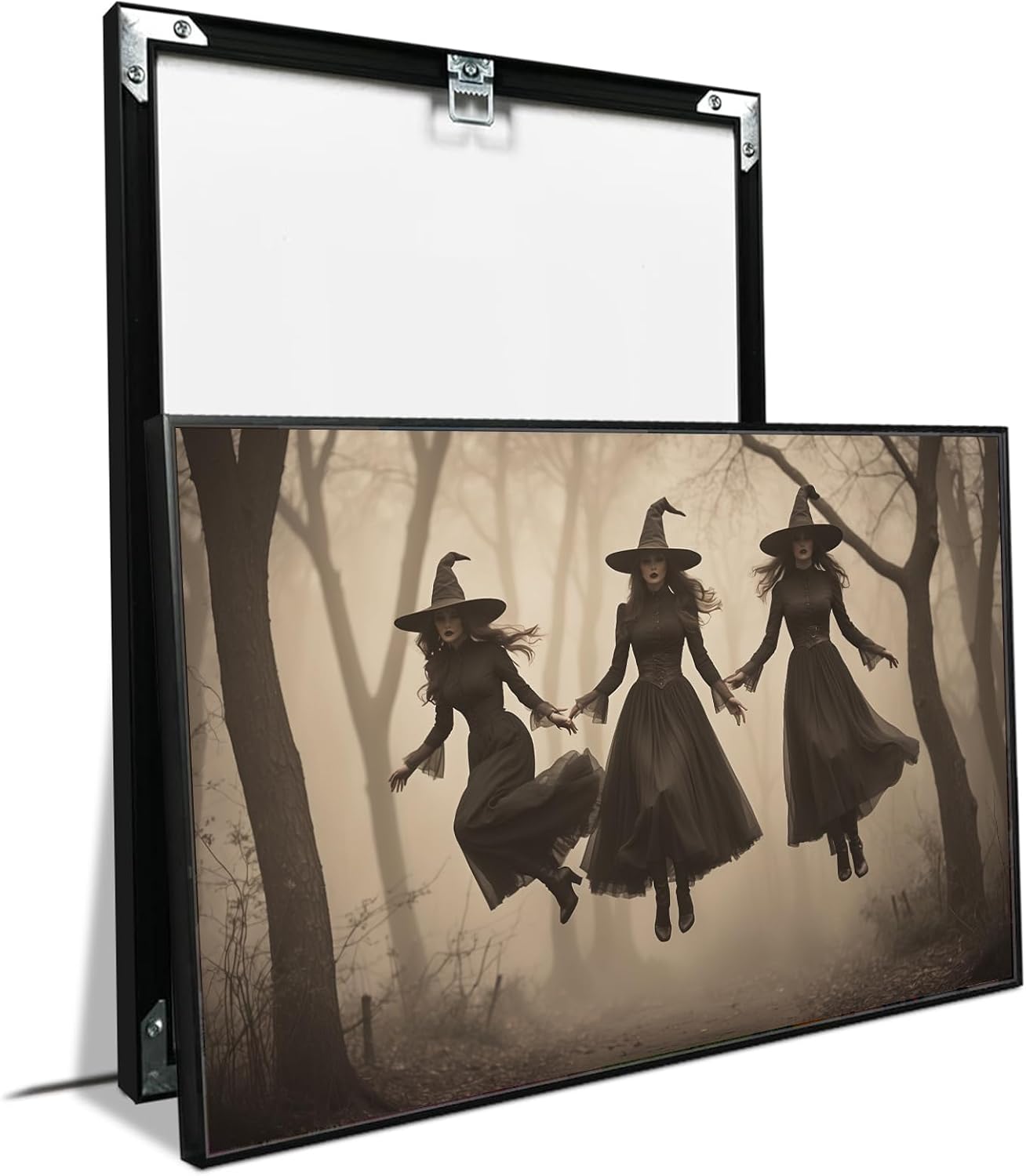 JFHCQJPK Three ghost witches flying in vintage forest gothic wall art witchcraft decoration holiday gift canvas wall art print8x12in Metal blackFramed