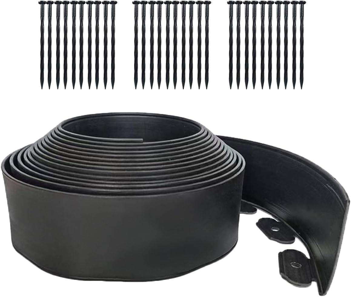 Landscape Edging Border 33FTx 4 Inch Tall, Plastic Garden Borders Edging with 30 Spikes,Flexible Lawn Edging Edge for Garden,Grass,Flower Beds, Yard, Paver,Pathway-Black