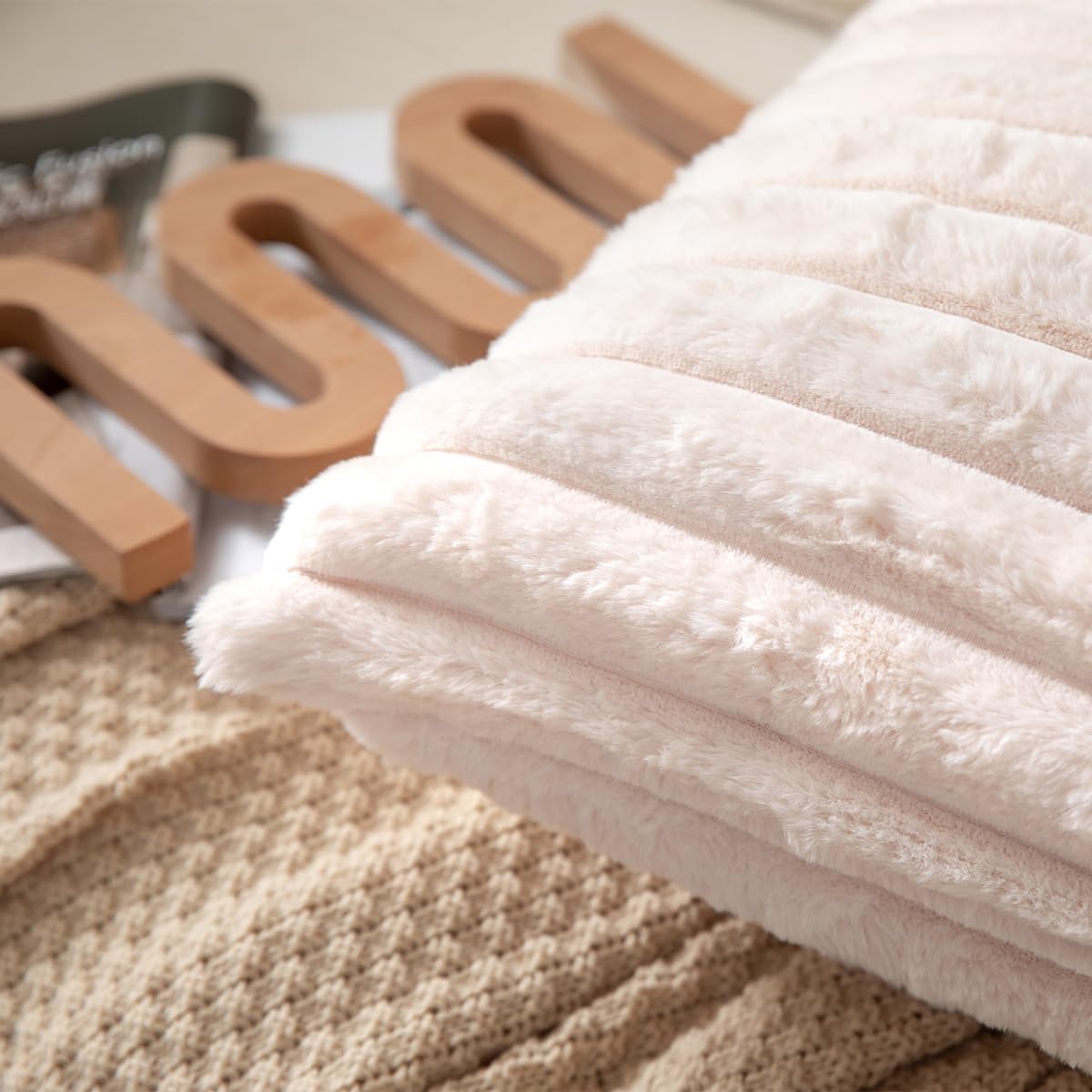 DEELAND Pack of 2,Double-Sided Faux Fur Plush Decorative Throw Pillow Covers Fuzzy Striped Soft Pillowcase Cushion Covers for Sofa Couch Bedroom Beige 20x20 inch