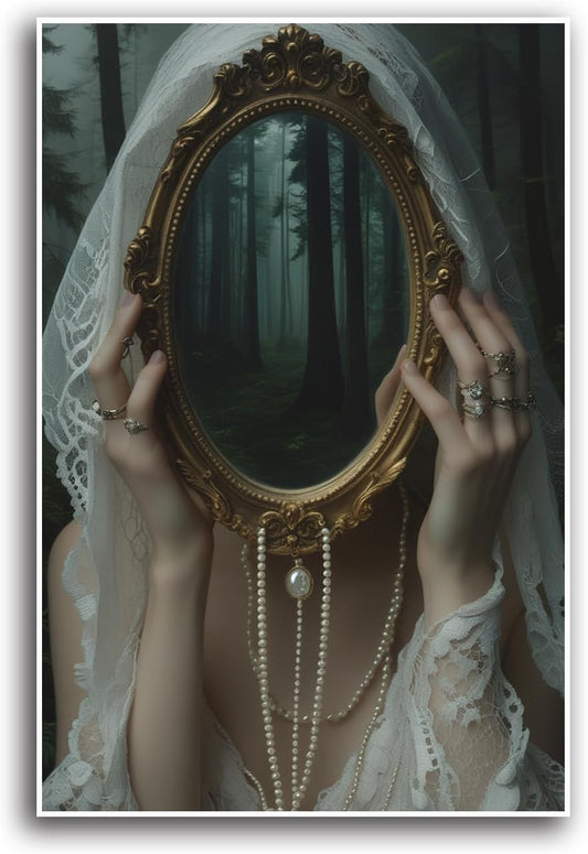 Mirror face covering dark art poster print melancholy gothic painting vintage feminine print victorian style decoration antique art24x36in Frameless