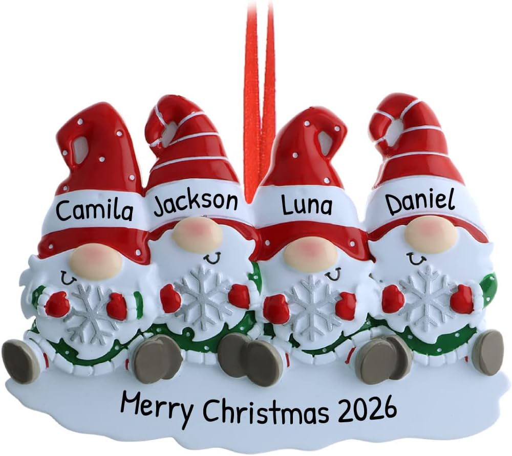 3D Gnome Family of 4 Christmas Ornament 2025 Personalized Family Christmas Ornaments 2025 | Snowflakes Scandinavian Personalized Tree Ornaments Customizable Gifts Santa Hat Gnomes of Four Ornament