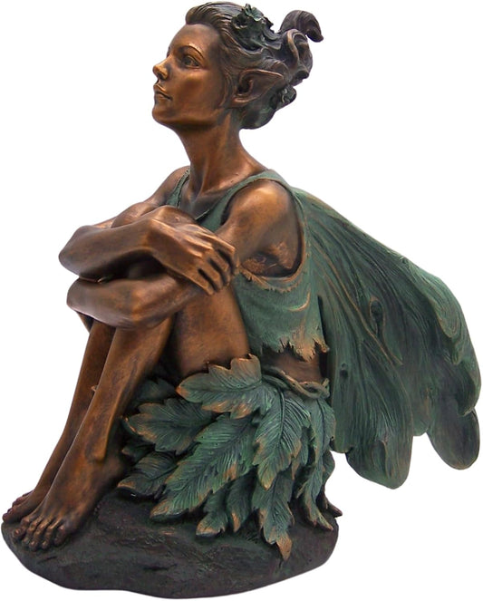 Copper Toned Fairy Holding Knees with Blue Accents Garden Statue, Whimsical Outdoor Decor, 13 Inches