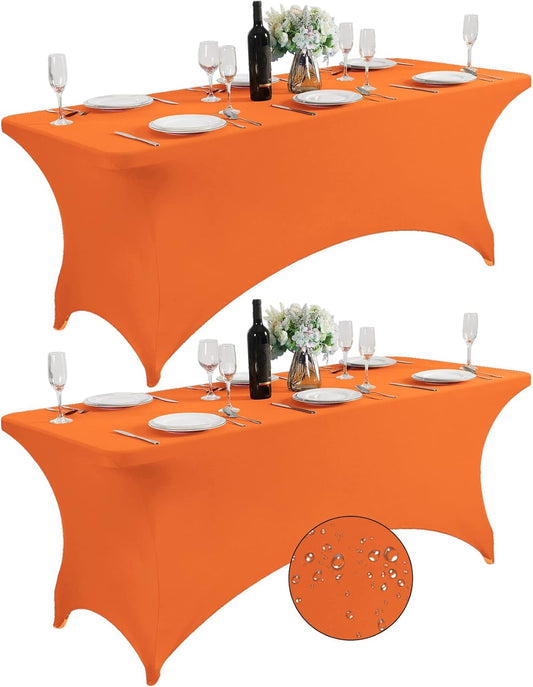 SuperO 2Pack Waterproof Spandex Table Cover for 6FT Table Universal Fitted Stretch Tablecloth for Party, Banquet, Wedding and Events-Orange