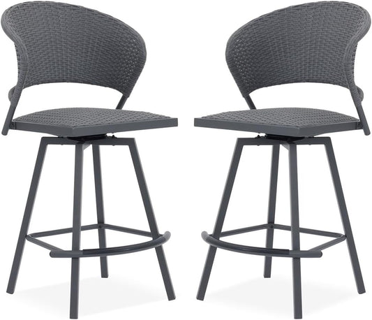 VICLLAX Patio Bar Stool Chairs with Footrests and Padded Seat, Bar Height Swivel Patio Chairs Set of 2, Grey Woven Wicker Swivel Bar Stools for Lawn Garden