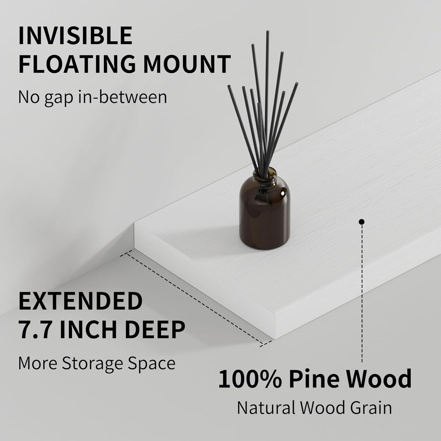 SAUMONIERES Floating Shelves 8 Inch Deep Solid Wood Wide Wall Shelf Set of 2 Wall Mounted for Bedroom Bathroom Living Room Kitchen, 36 Inch White