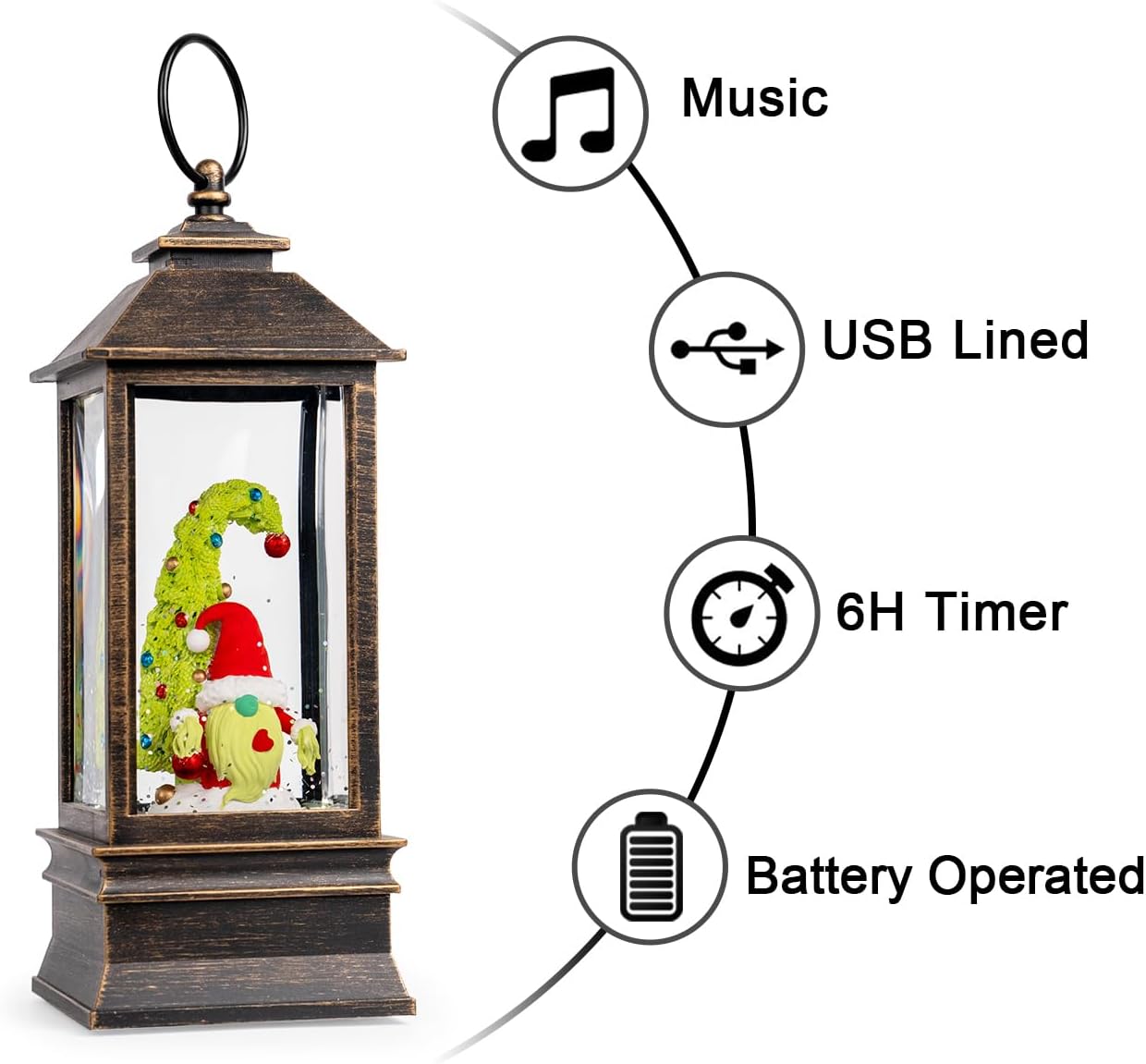 10'' Christmas Gnomes Snow Globe Lantern Lighted Santa Elf Musical Water Lantern Swirling Glittering Home Decoration and Gift, Battery Operated or USB Powered