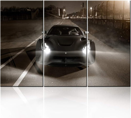 TUMOVO Sports Car Canvas Wall Art 3D Model Design On Black Background Picture Painting for Home Decoration Stretched Canvas and Ready to Hang - 28 x 14inch x 3 Panels
