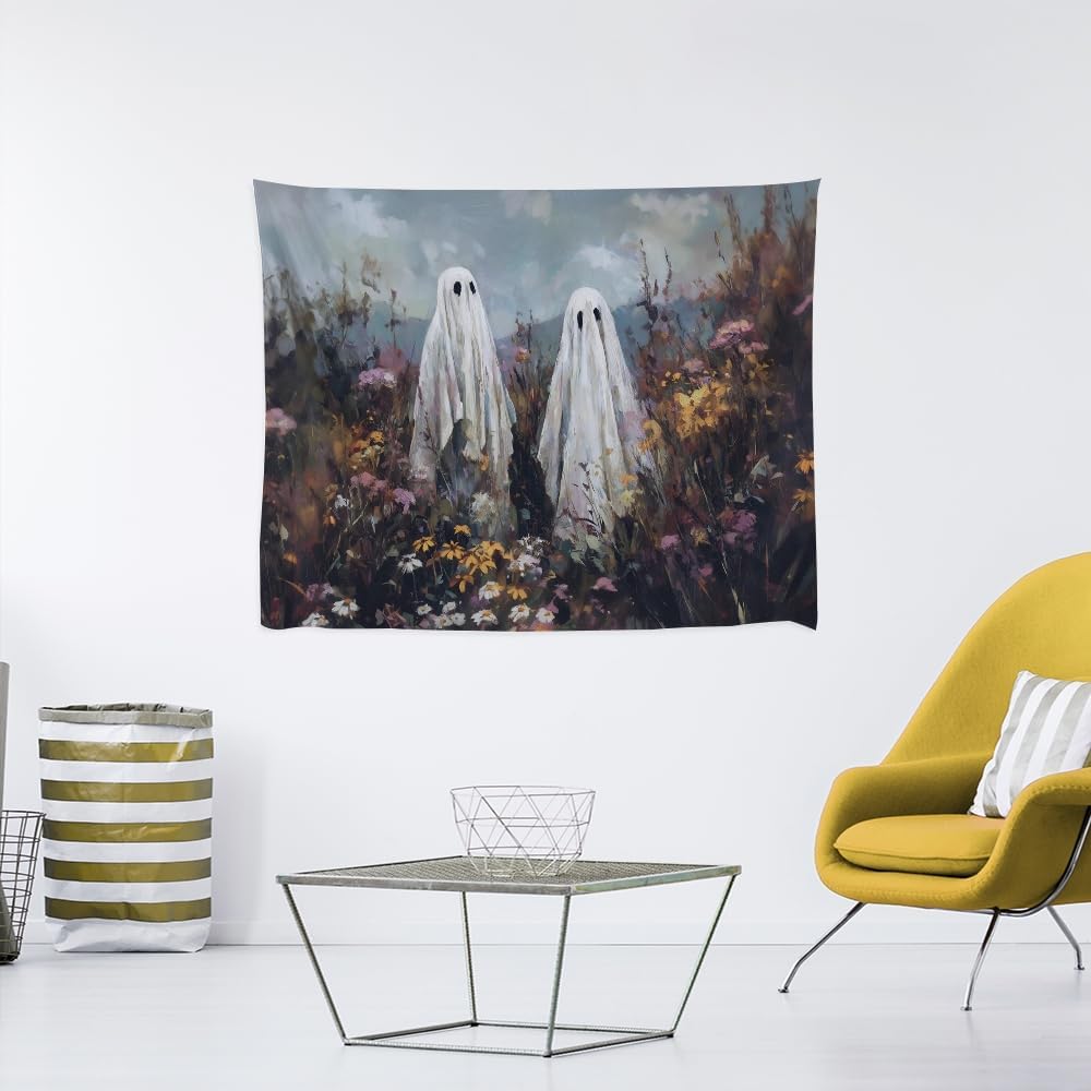 Halloween Ghosts in Wildflowers Tapestry Wall Hanging Spooky Cute Ghost Floral Tapestries Victoria Moody Artwork Aesthetic Print for Goth Living Room Bedroom wall Decor 70x90inch
