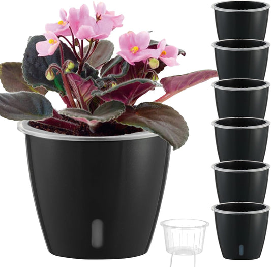 Self-Watering Pots for Indoor Plants, 6-Pack 6.7'' Self Watering Planter with Drainage Holes, Small African Violet Pots with Water Indicator, Clear Wick Pot, Black