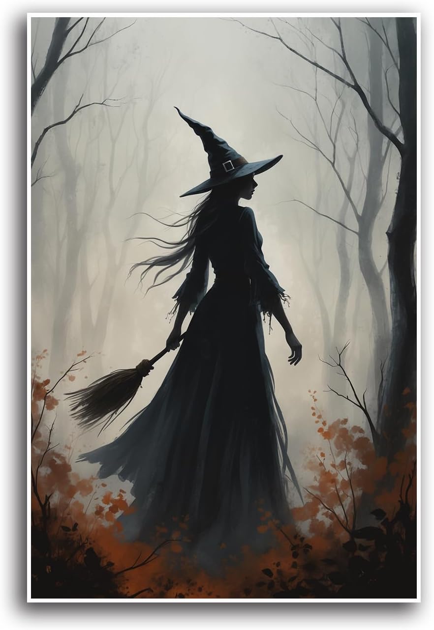 JFHCQJPK Vintage forest witch silhouette poster Halloween mural poster decoration mural art magic suitable for home living room bedroom24x36in Frameless