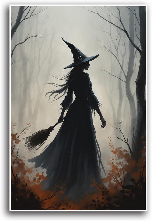 JFHCQJPK Vintage forest witch silhouette poster Halloween mural poster decoration mural art magic suitable for home living room bedroom24x36in Frameless