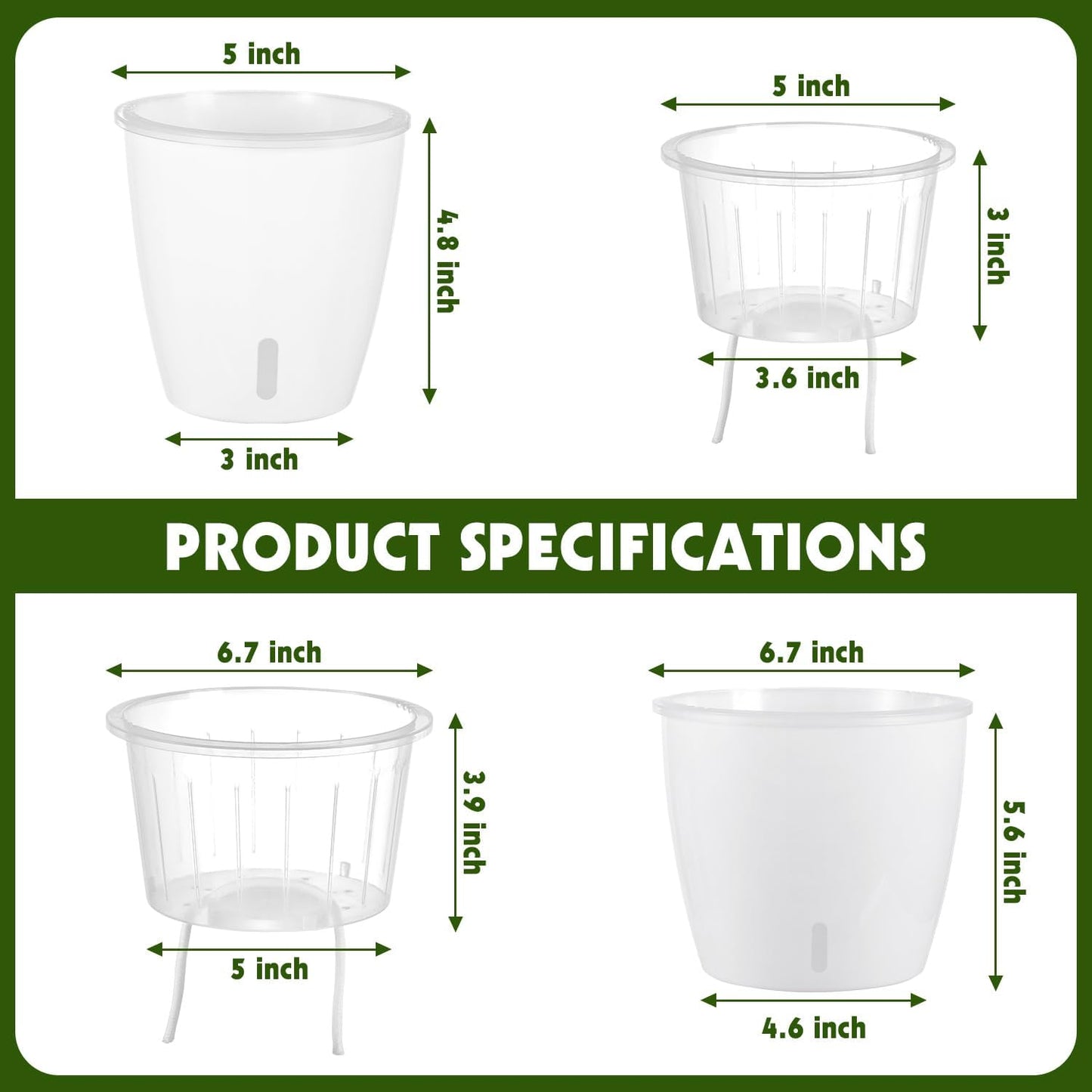 Self Watering Pots for Indoor Plants, 6-Pack 6.7'' Self Watering Planter with Drainage Holes, Small African Violet Pots with Water Indicator, Clear Wick Orchid Pot, White