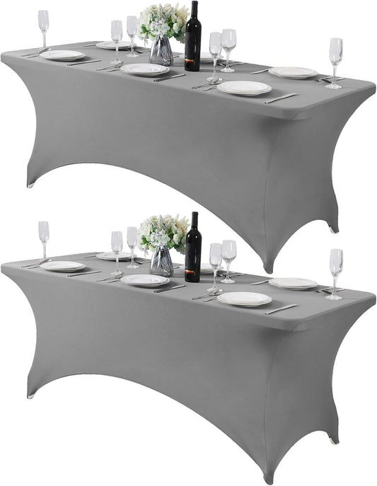2Pack Spandex Table Cover for 6Ft or 4fT or 8ft Table Universal Fitted Stretch Tablecloth for Party, Banquet, Wedding and Events-Gray