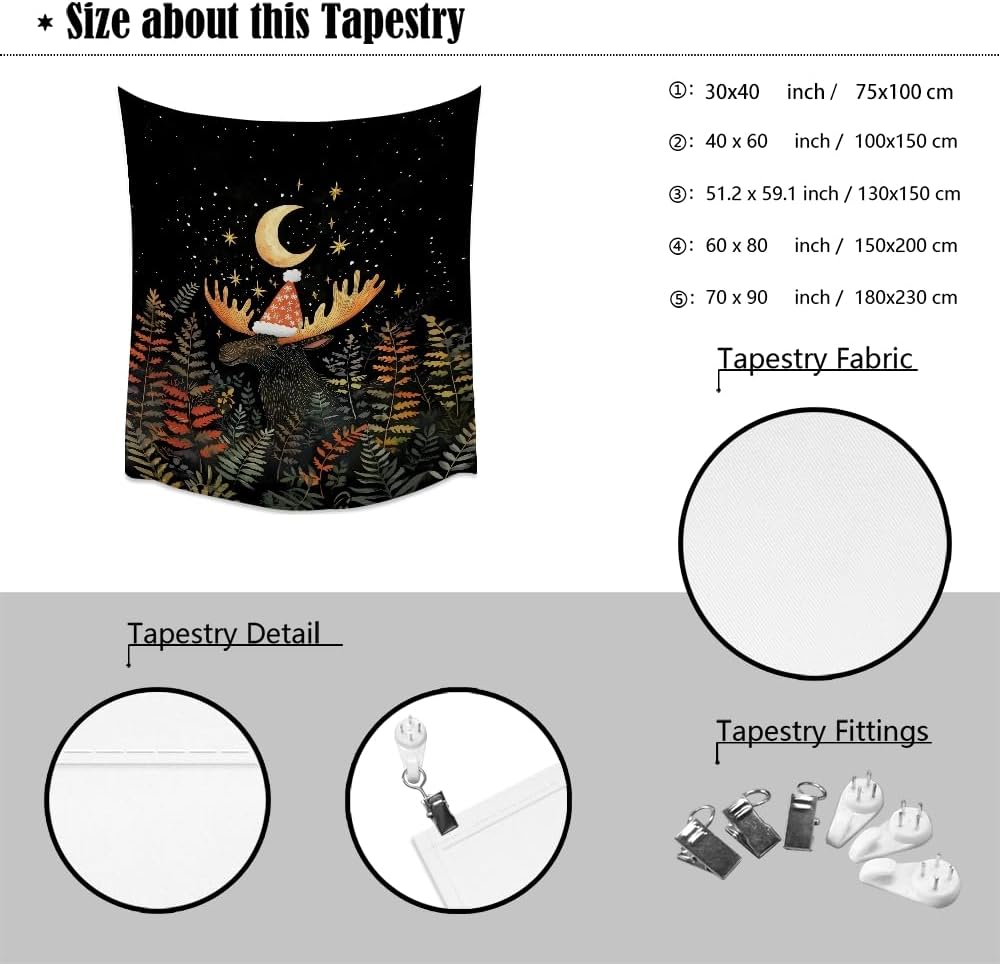 Cute Moose Tapestry Winter Christmas Aesthetic Wall Hanging Decor Funny Animal Lover Gift Whimsical Christmas Tapestries for Nursery Kids Bedroom Home Living Room Decoration 40x60inch