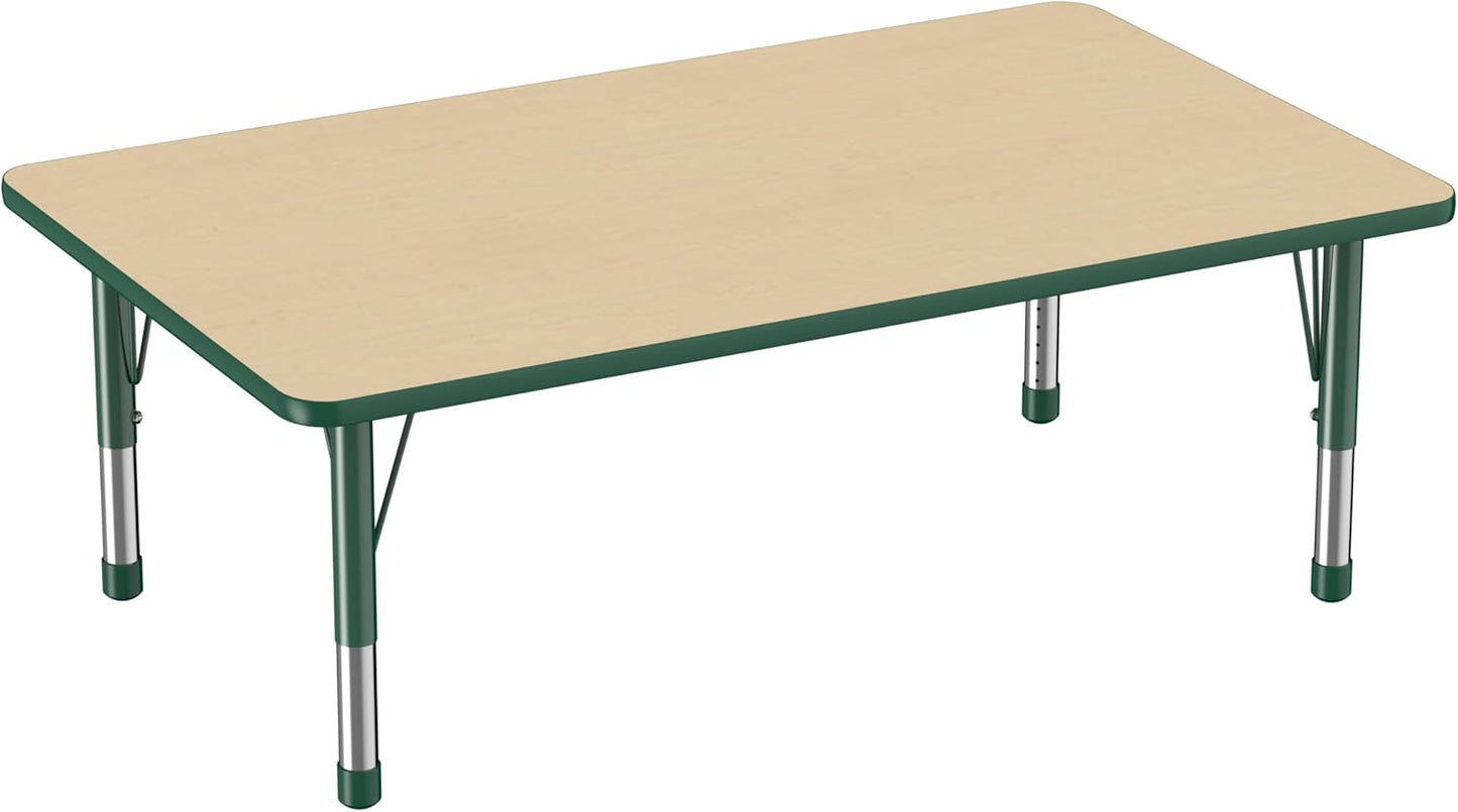 Factory Direct Partners FDP Rectangle Activity School and Classroom Kids Table (36 x 60 inch), Toddler Leg, Adjustable Height 15-24 inches - Maple Top and Green Edge