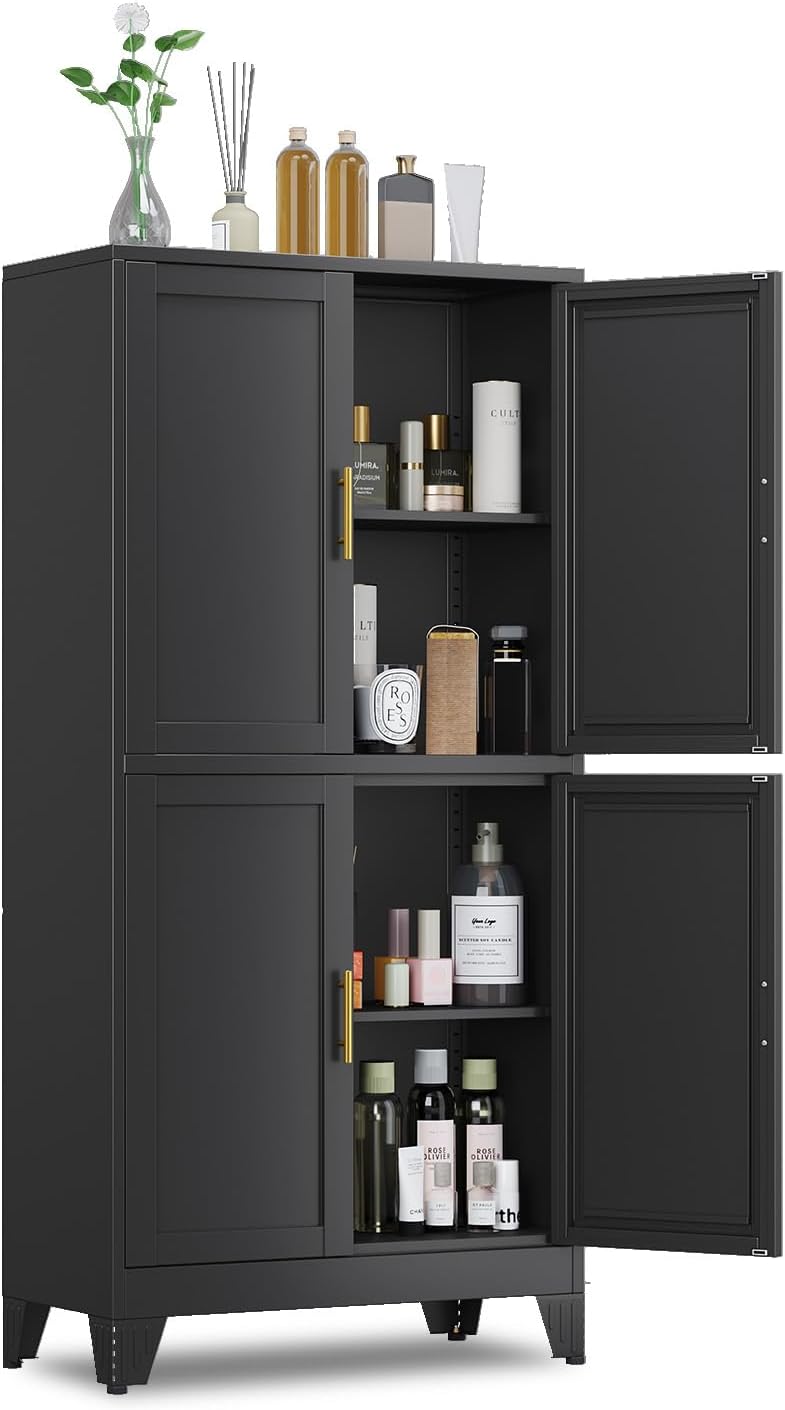 47.25" Metal Storage Cabinet, Black Kitchen Food Storage with 4 Door and 2 Adjustable Shelves, Freestanding Bathroom Cabinet, Pantry for Kitchen Dinning Room, Cupboard