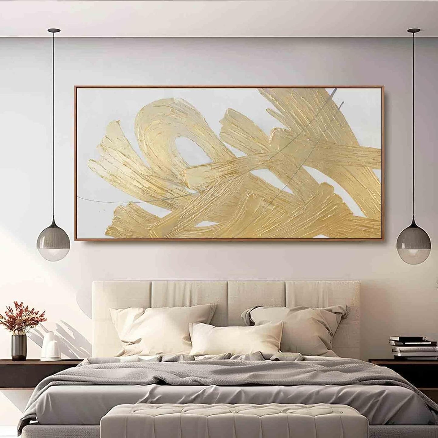 XIANSHOU Gold and White Canvas Wall Art Abstract Wall Artwork Neutral Wall Decor 36"x70" Large Canvas Painting for Living Room Office