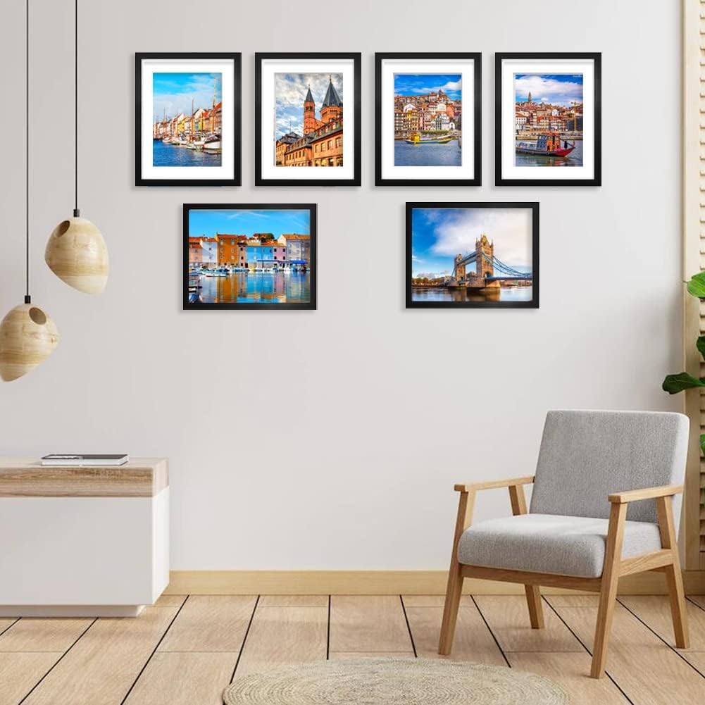 11x14 Picture Frame Set of 6, Display Pictures 8x10 with Mat or 11x14 Without Mat for Wall Mounting,Black