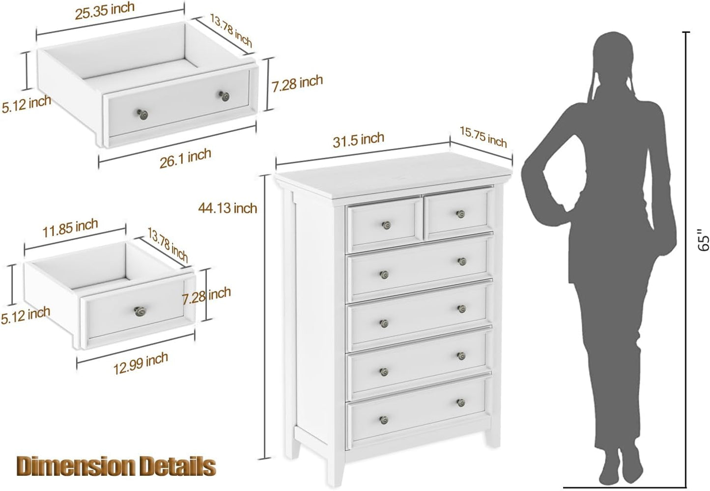 BLANKSPACE White Farmhouse Dresser, 6 Chest Drawer Dresser for Bedroom, Large Capacity Nightstand, Modern Tall Wood Cabinet for Bedroom, Living Room, Closets, Hallway