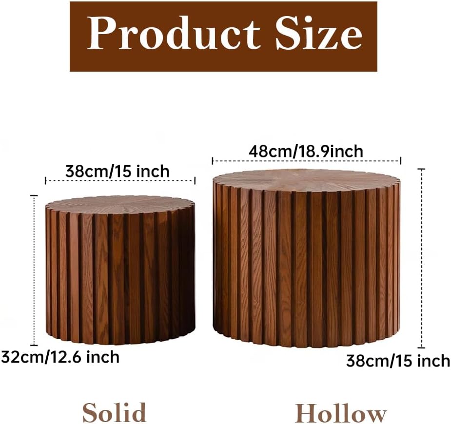 Round Nesting Coffee Table Brown Round Fluted Coffee Table Set of 2 for Living Room Small Circle Drum Nested Coffee Tables (Brown 18in)
