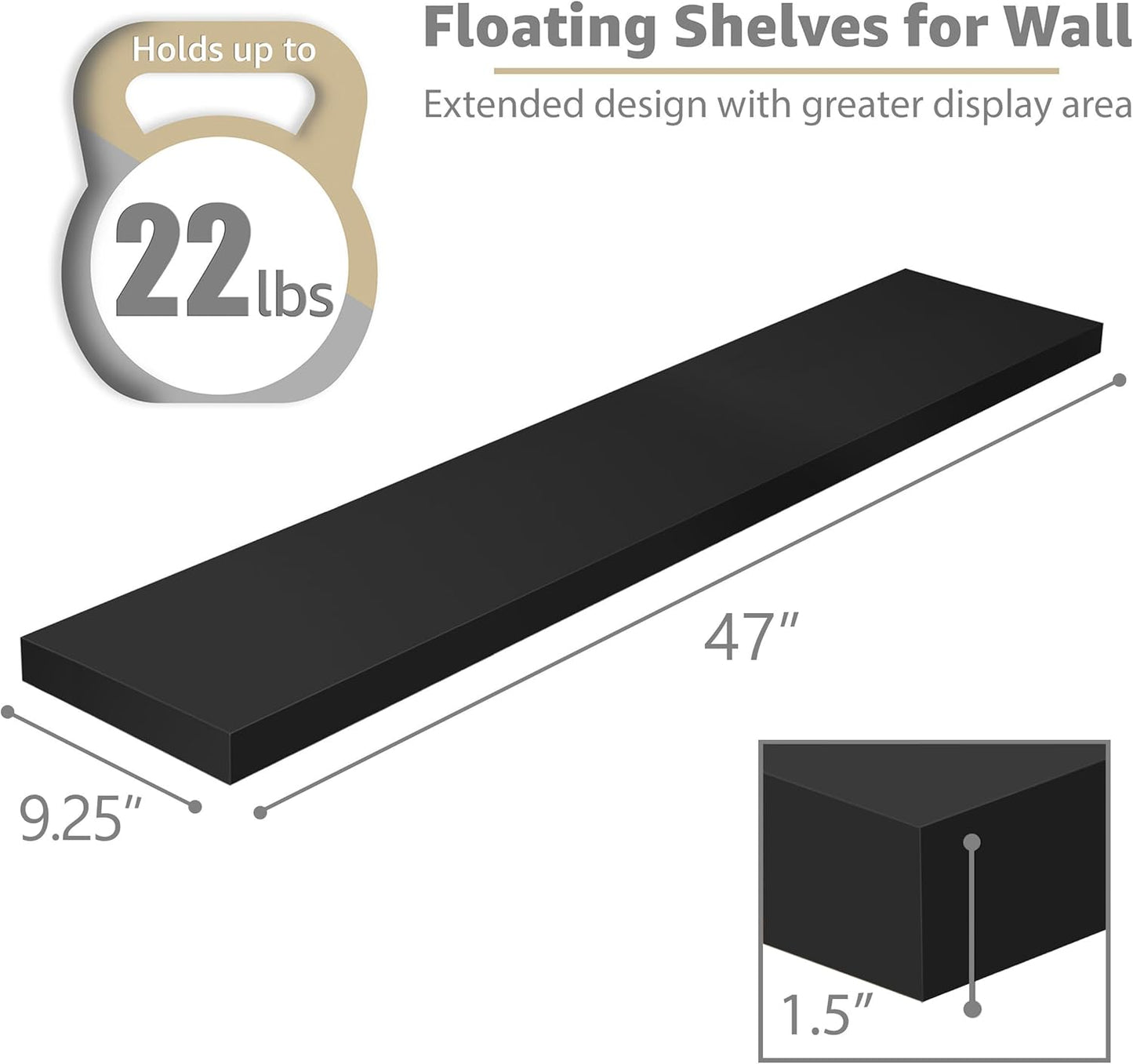 Sorbus Floating Shelves for Wall - 48 Inch Long Bathroom Shelves, Wall Decor for Bedroom, Kitchen, Living Room & Book Storage - Mounted Floating Shelf with Invisible Brackets (Black, 3 Pack)