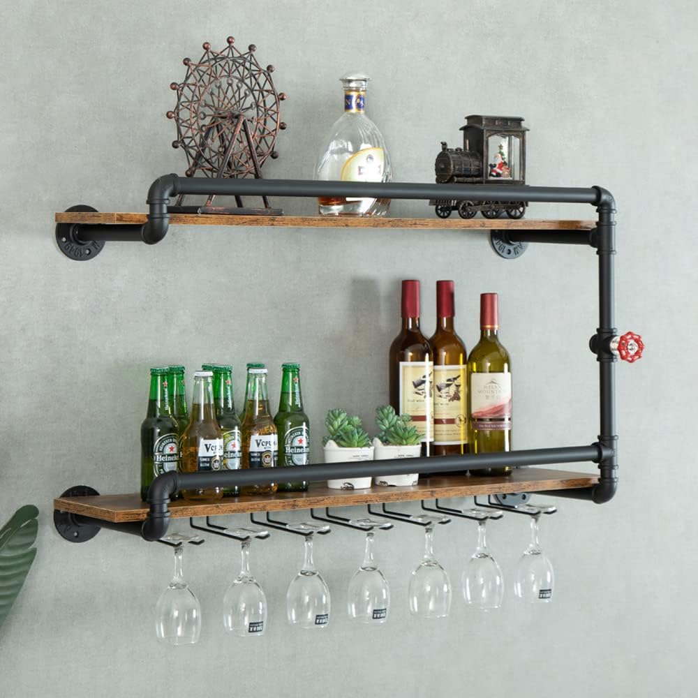Wine Rack Wall Mounted 2 Tier, Hanging Floating Bar Liquor Shelves with Glass Holder Storage Under, Industrial Rustic Pipe Farmhouse Kitchen Decor Black(35.4x10.6x19.7)