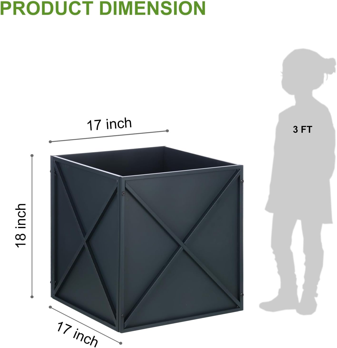 BAYN Metal Square Planter Box Tall Planters for Outdoor Plants Modern Heavy Duty with Drainage Holes for Outside Indoor Patio Deck - Grey, 17”x 17”x 18”