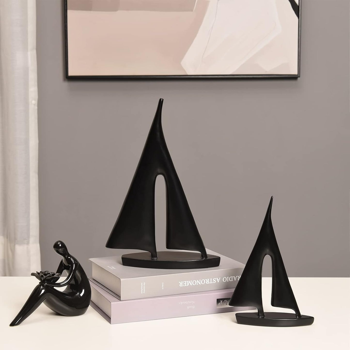 Modern Sculptures Home Decor, Sailboat Decor Ornament, Boat Decorations Statue Decor, Art Sculptures and Statues, Sailboat Gifts Home Office Bathroom Shelf Decor (Black-2 Pack)