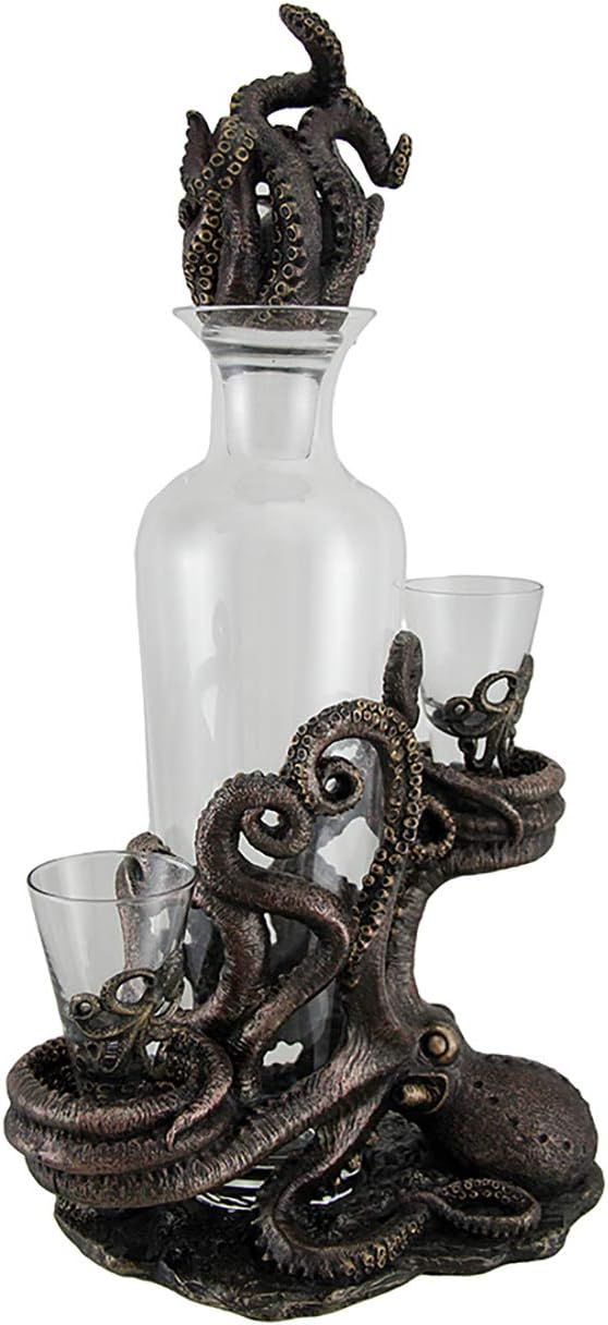 Resin And Glass Liquor Decanters Octopus Spirit Decorative Antique Bronze Finish Statue And Glass Decanter Set 8.5 X 15.5 X 5.25 Inches Bronze