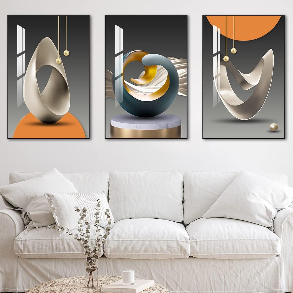 MPLONG Wall Art, Bright Style Framed Wall Art, Abstract Modern Art Shape Pattern White Blue Yellow Grey Wall Art Artfully Matching Living Room Bedroom Office Wall Decor - 16"x 24"x 3 Panels