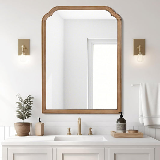 WallBeyond 30" x 40" Wood Bathroom Mirror for Wall Mounted, Rustic Rounded Corner Vanity Mirror for Entryway, Living Room or Bedroom Home Decorative [30" x 40" Honey-Colored]