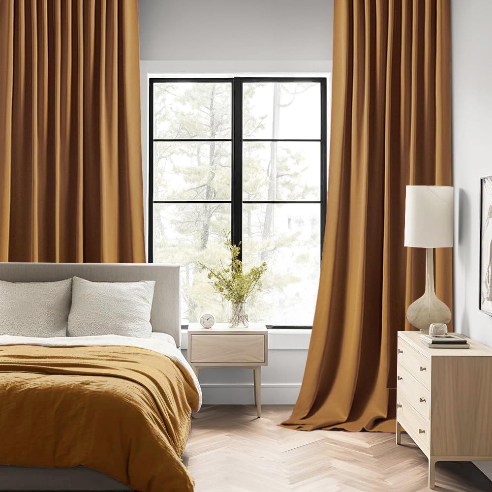 MIULEE Golden Brown Back Tab Blackout Curtain 96 Inch Long 2 Panels Set for Bedroom, Rod Pocket/Pinch Pleat Thermal Insulated Living Room Darkening Pleated Light Blocking Floor to Ceiling Drape