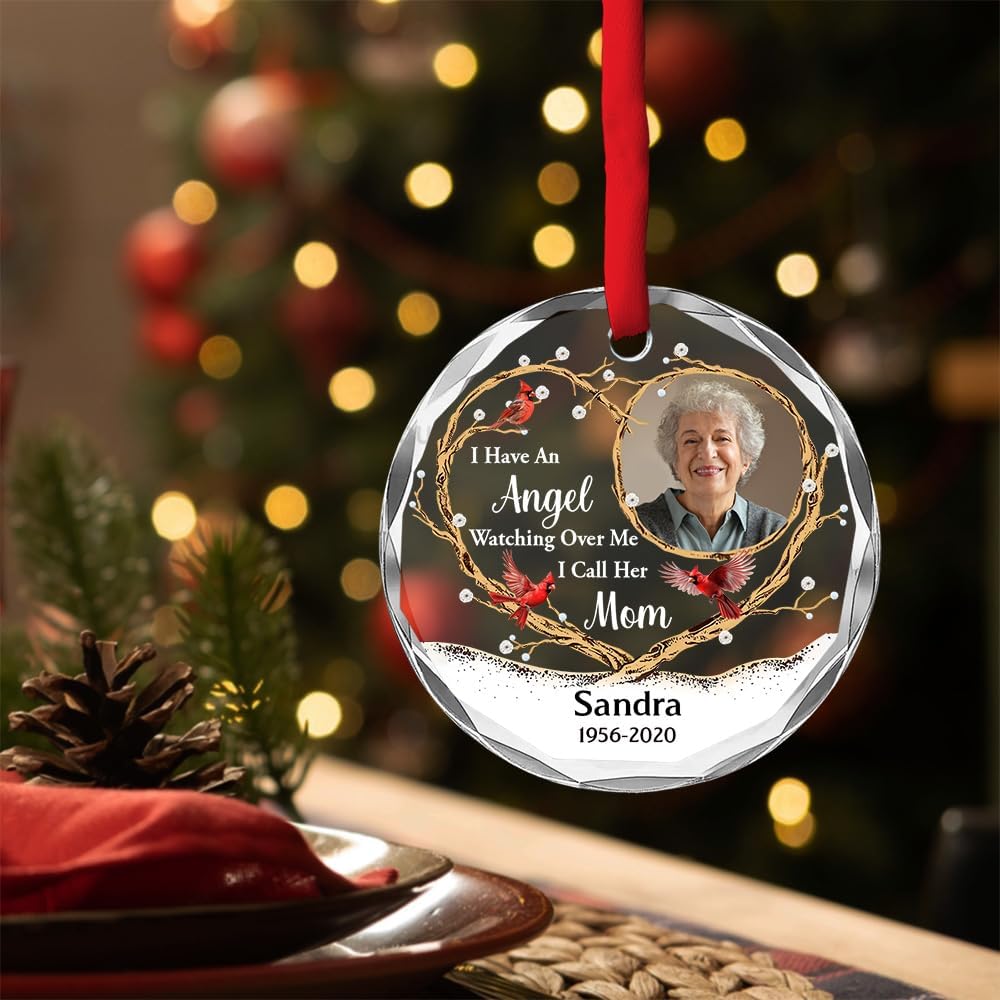 Personalized Angel Ornament for Loss of Loved Ones – an Angel Watching Over Me, Custom Photo Glass Keepsake for Family, Friends, Memorial Ornaments for Deceased