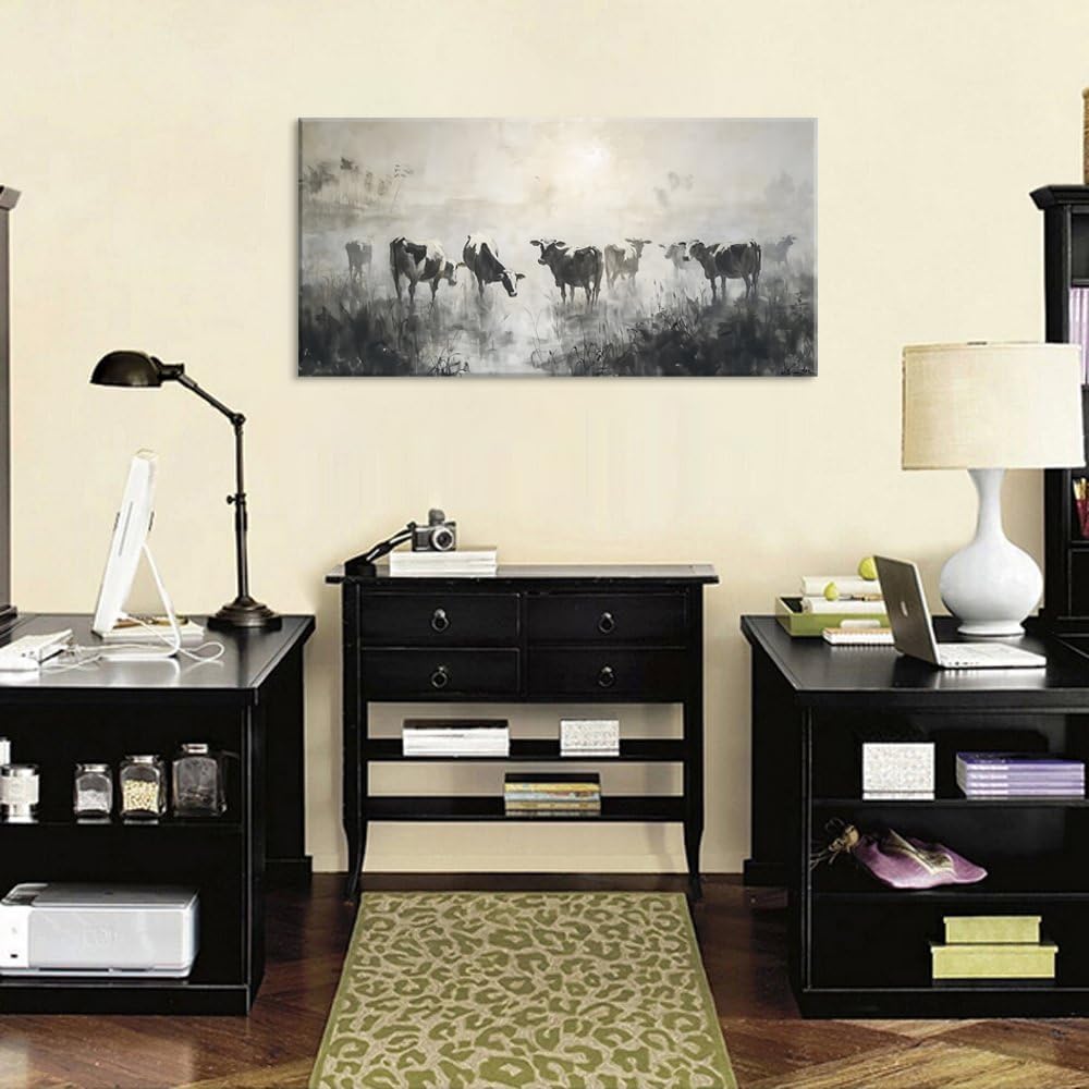 LASMOND Black and White Cow Wall Art for Living Room Ink Wash Canvas Painting Prints Morning Cattle Vintage Country Farmhouse Artwork Bedroom Office Decor (40x20 Inches)