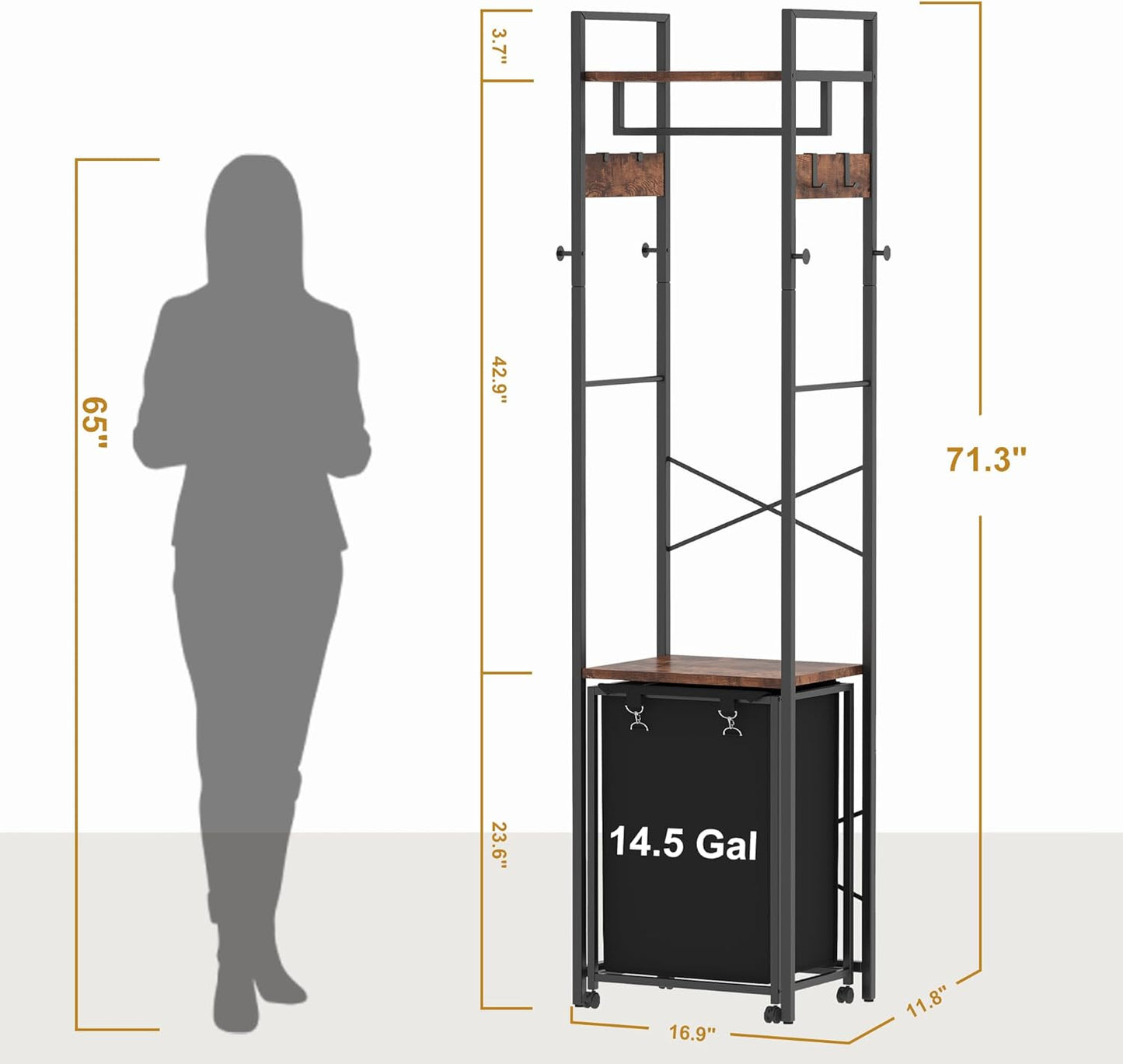 Coat Rack with Laundry Basket, Laundry Hamper Freestanding Hall Tree, Clothes Rack with Storage Shelves, 14.5 Gal Removable Bags on Wheels, Black and Brown JLH005SR