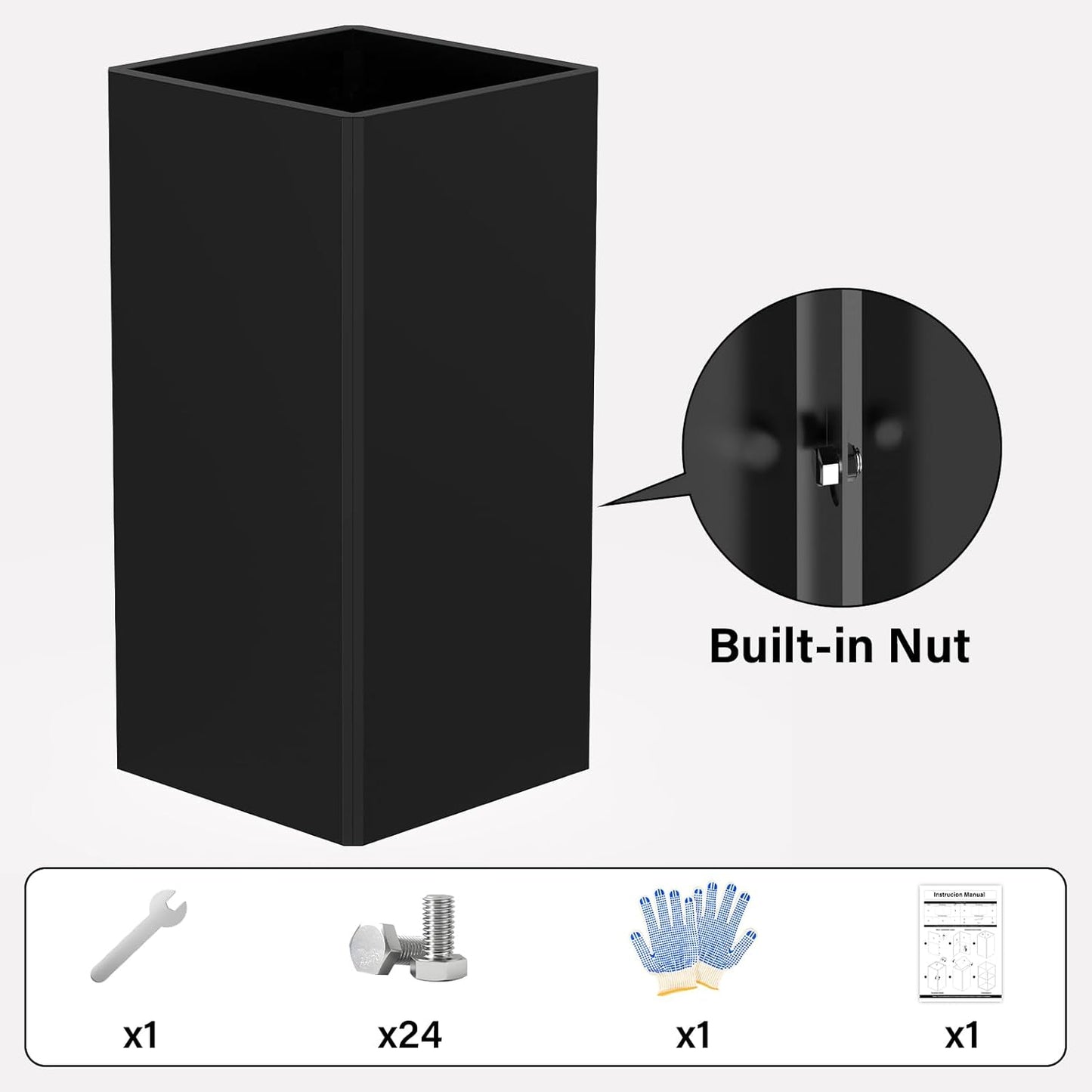 Tall Black Planter 28" Metal Square Large Plant Pots for Indoor Outdoor-Modern Tall Flower Pots for Porch, Patio, Deck, Commercial & Residential(14" Lx14 Wx 28" H)