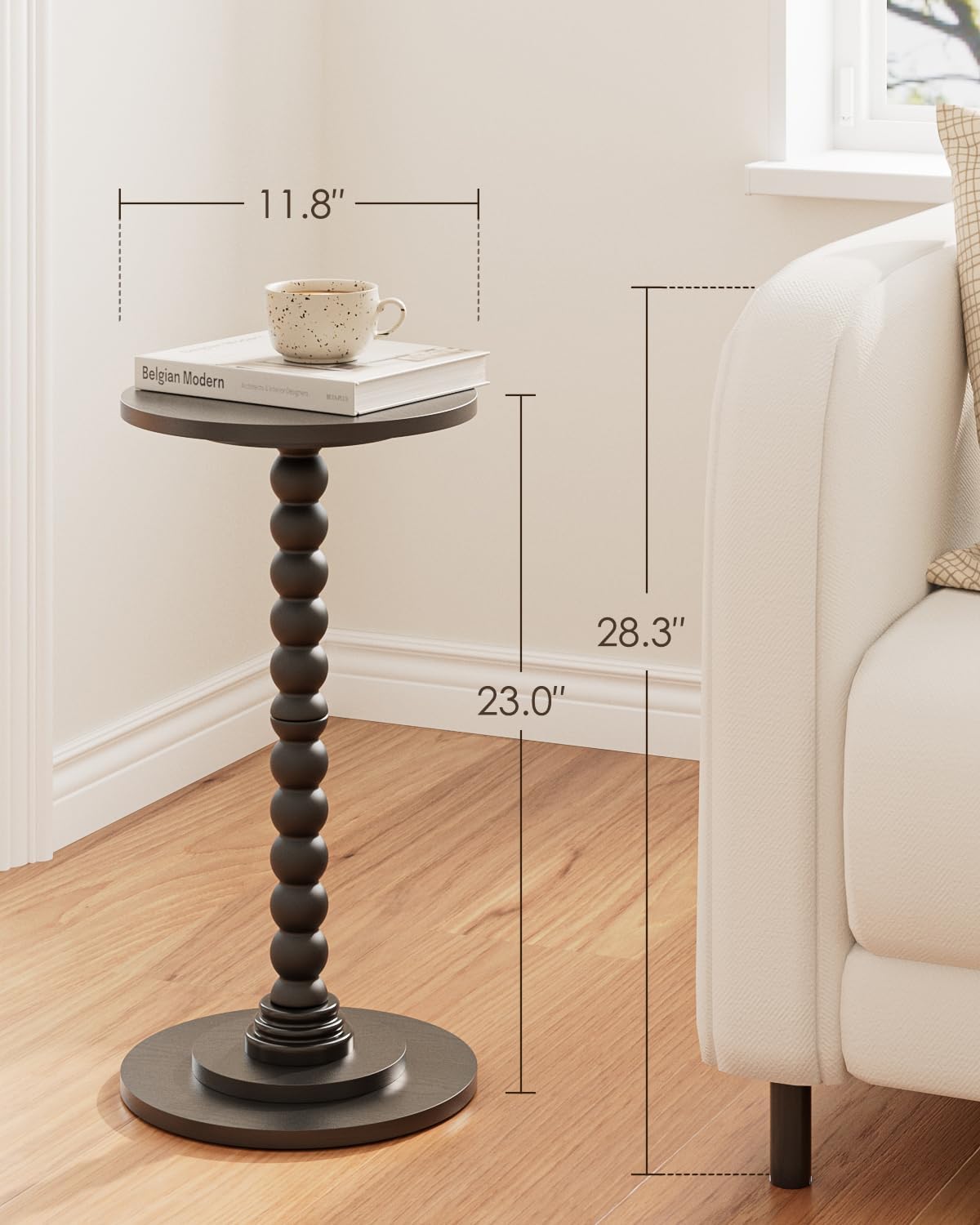 Masupu Round Side Table, Small End Table for Small Spaces, Pedestal Drink Table with Solid Wood Leg for Living Room, Bedroom, Corners(Black)