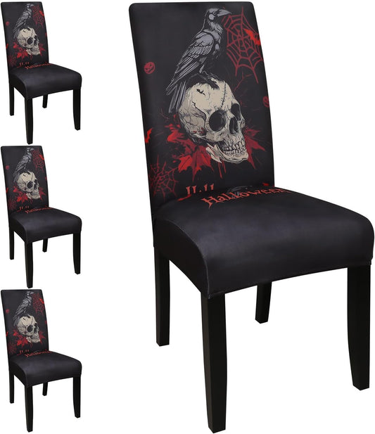 JQinHome Black Halloween Chair Slipcover,Skull Chair Covers Set of 4, High Stretch Washable Chair Protector Cover for Dining Room, Kitchen,Home Party,Wedding Ceremony(Skull Black,4PC)