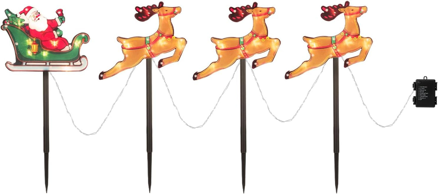 Christmas Silhouette Outdoor Pathway Lights Set of 4 Battery Powered Pre-Lit 30 LEDs Double Sided Christmas Reindeer & Sled Vintage Holiday Outdoor Display Decor for Garden, Patio,Yard, Lawn