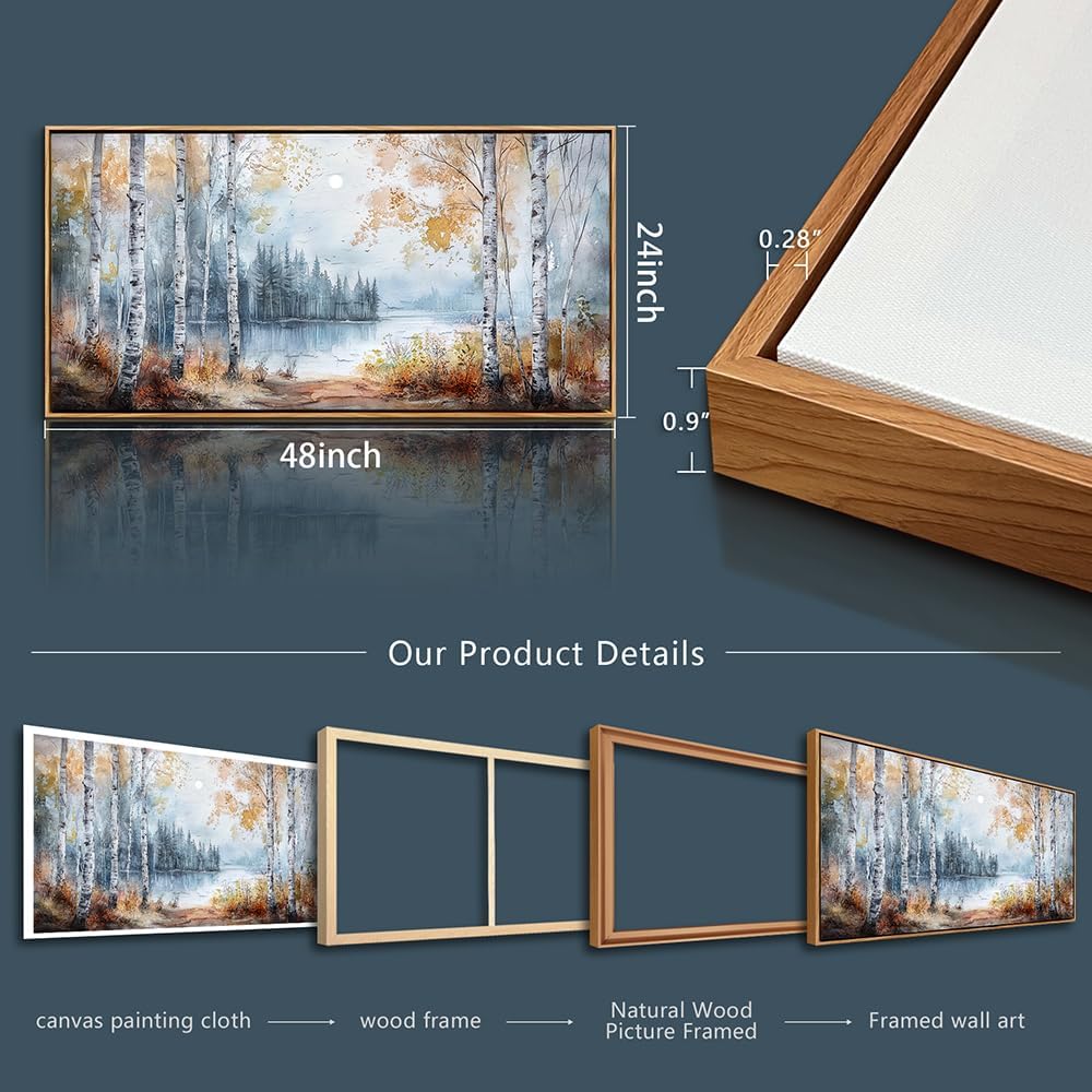 PHAOHUAXM Large Canvas Wall Art For Living Room Wall Decor For Bedroom Office Decorations Trees Forest Landscape Painting Lake view Wall Pictures Modern Room Home Decor Artwork Wood Framed 24x48 In